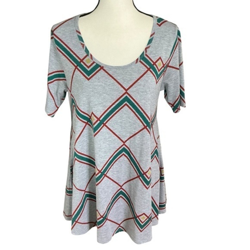 LuLaRoe Gray Top with Red Teal Yellow Geometric Design Short Sleeve Perfect T